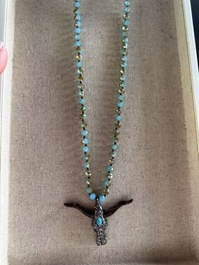Turquoise Bead Long Necklace with Steer Head Pendant